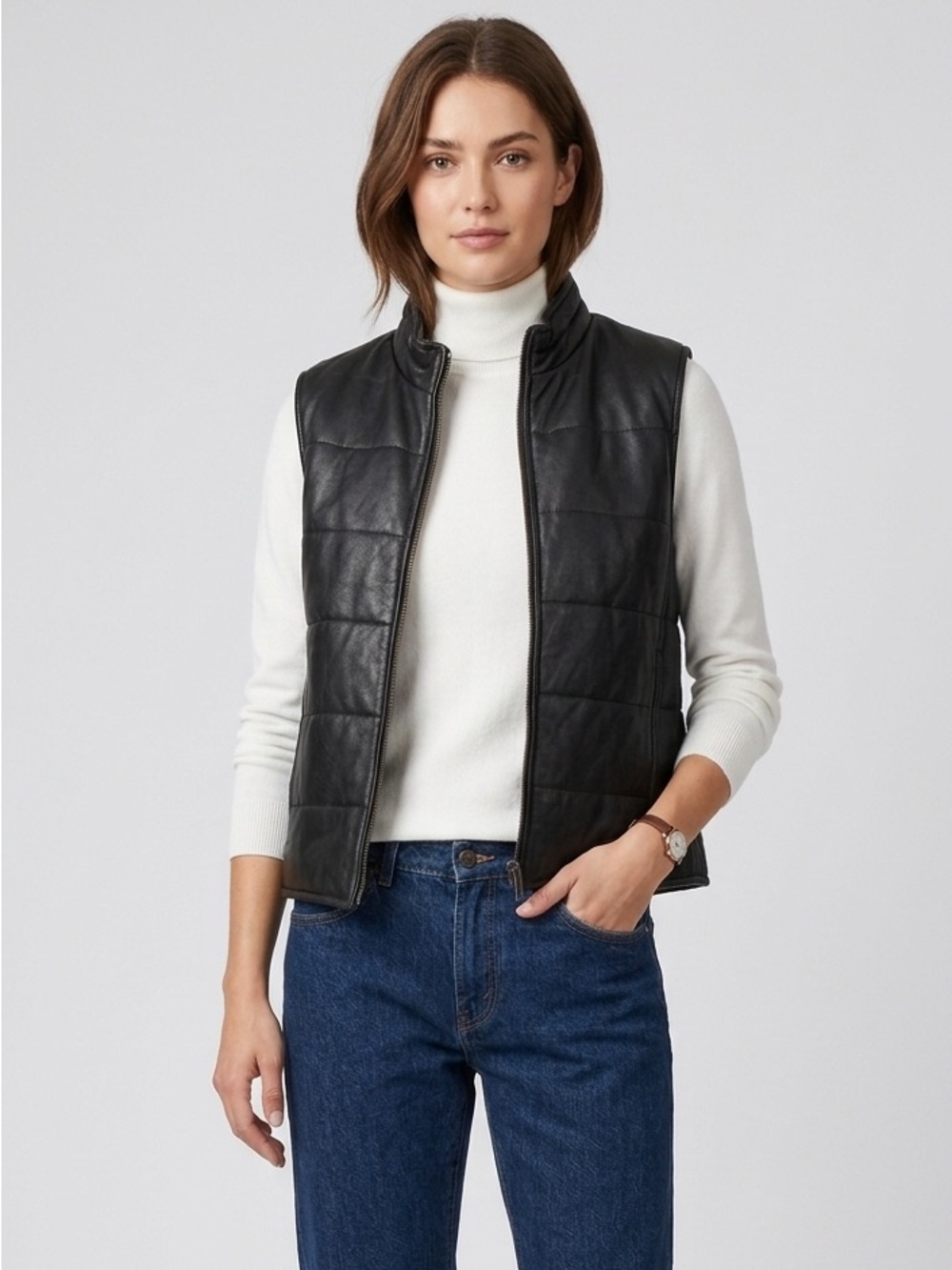 Vintage Point Zero Quilted Genuine Leather Puffer Vest - Black - Size L